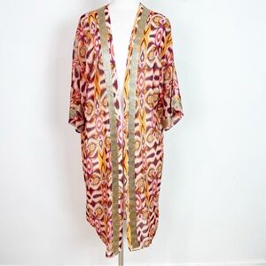 FIFILLES PARIS ORANGE BURGUNDY PINK PATTERN GOKD TRIM KIMONO SZ ONE SIZE